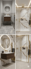 Load image into Gallery viewer, A four-panel collage showing a modern bathroom design with white marble walls and floors, gold-framed glass shower doors, a floating dark wood vanity with a white sink, round mirrors, and built-in shelving.