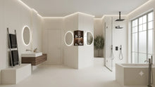 Load image into Gallery viewer, A modern minimalist bathroom interior with a bathtub, walk-in shower, floating vanity, illuminated round mirrors, and warm ambient lighting.