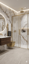 Load image into Gallery viewer, Solid SPC wetwall panel, Modena, gold and grey marble installed in a modern shower enclosure".
