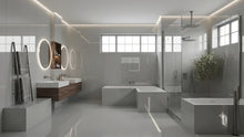 Load image into Gallery viewer, A modern minimalist bathroom interior with a double vanity, illuminated round mirrors, a walk-in shower, two freestanding bathtubs, and a large window. The space is rendered in light gray, white, and warm wood tones.
